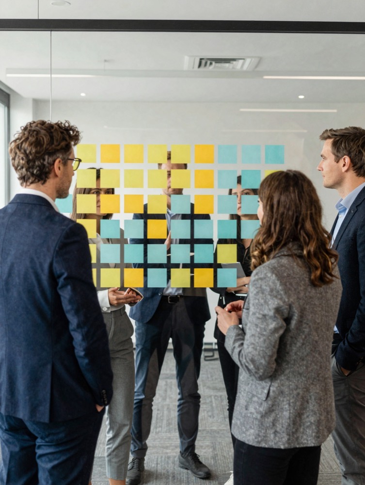 A team mapping organisational change on a glass wall