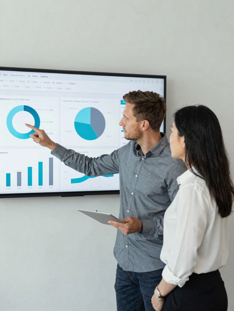 Professionals reviewing process dashboards and reporting