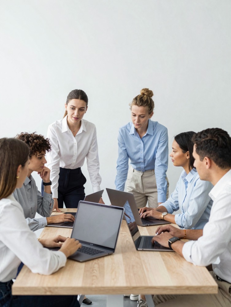 A diverse HR team collaborating in a bright office